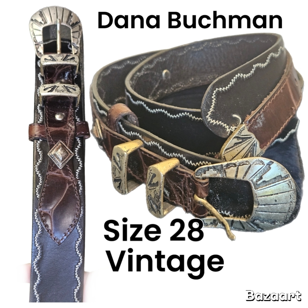 Dana Buchman Vintage Brown Weatern Style Leather Belt with Silver Buckle Size 28